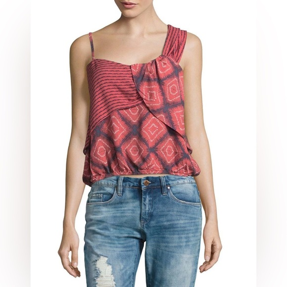 New Free People Medium Bohemian Asymmetrical Call On Me Top in Red/Navy - Picture 1 of 11